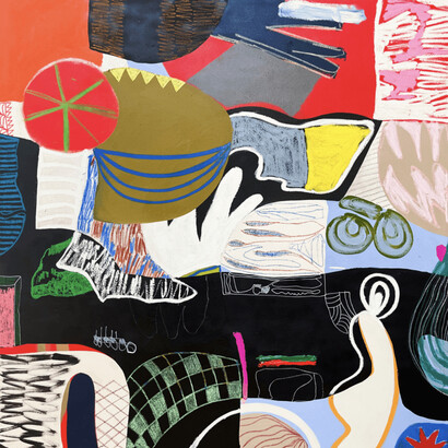 Thai Mainhard, But They Don't Know You, flashe, acrylic, oil sticks, pastels, latex, Spray paint on canvas, 50x50 inches. Courtesy the artist and JoAnne Artman Gallery
