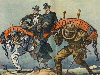 Caricatura política de Udo J. Keppler (1914) titulada The Yoke (El yugo), una representación alegórica del sometimiento, la opresión y las dinámicas de poder que vulneran la dignidad y la soberanía de los pueblos bajo la dominación externa