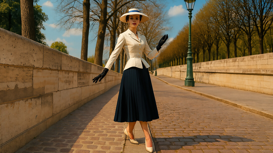 A model showcasing Dior’s iconic New Look from 1947, symbolizing post-war elegance and the rebirth of feminine style