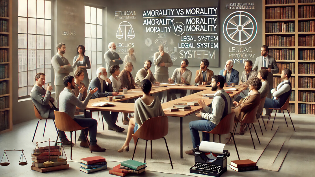 A diverse group of individuals engages in a thoughtful philosophical debate, exploring the complexities of morality and the legal system in a modern setting