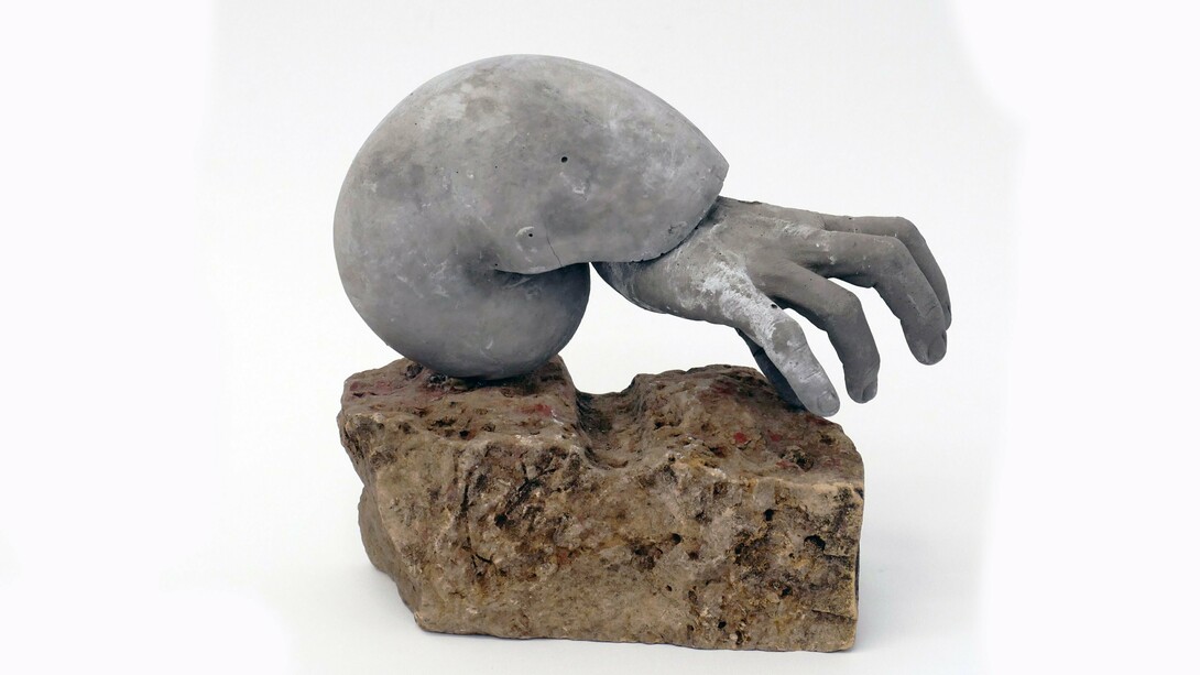 Alexa Horochowski. Nautilus, 2024. Concrete, gypsum, limestone, steel. 10 1/4 x 11 x 5 1/2 inches. Courtesy of the artist and Dreamsong Gallery