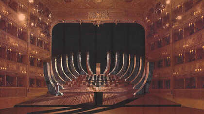 Bozzetto della struttura costruita all’interno della sala e della platea del Teatro La Fenice per ospitare pubblico e orchestra. 