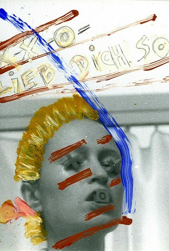 Birgit Jürgenssen, XXO (detail), 1979, Vintage black and white photographs, hand painted with oil, pastels, oil paint, pencil, 24 x 18 cm / 9 1/2 x 7 ins each, Copyright Estate Birgit Jürgenssen, Vienna, Courtesy Estate Birgit Jürgenssen, Vienna and Alison Jacques Gallery, London