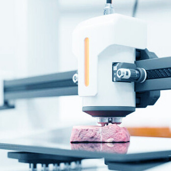 A close-up view of a 3D printer creating a meat piece, showcasing innovations in meat technology, alternative protein sources, and high-tech food production
