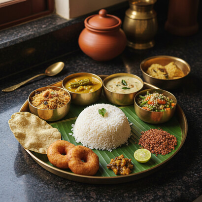 A wholesome and traditional Brahmin meal is presented on a brass thali, featuring soft rotis, fragrant white rice, a vibrant spinach curry, a potato and pea curry, and cooling raita. The combination highlights the pure and balanced flavors of South Indian vegetarian cuisine