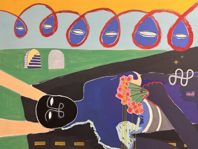 Zella Vanié, Untitled IV (Part of Allegories of Liberation Series), 36x48 inches, gouache, acrylic, oil stick on wood panel, 2023. Courtesy the artist and Pentimenti Gallery
