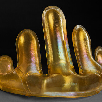 Matthew Szösz, untitled(inflatable) no. 102 iry, 2023, fused and inflated glass, 10x17x10 inches. Courtesy of Heller Gallery, New York