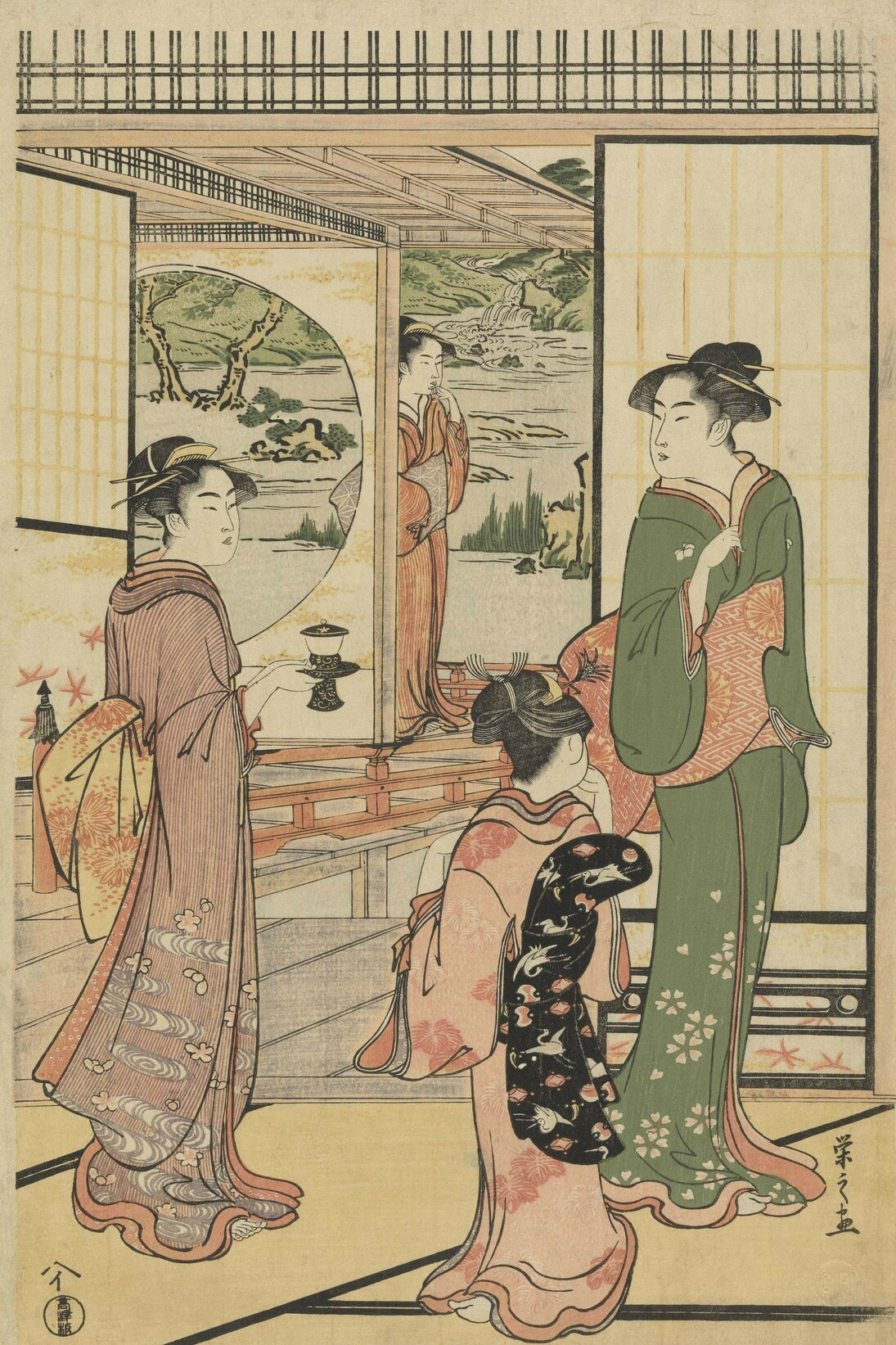Beautiful Women at a yashiki (Yashiki ni tetsu bijin), Ukiyo-e woodblock print, By Chobunsai Eishi (1756-1829), c. 1795-1800, Japan, Edo period (1615-1868), © Trustees of the Chester Beatty Library, Dublin