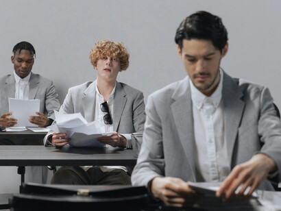 A group of men in an office, physically together yet conspicuously disconnected