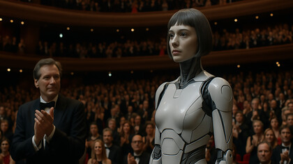 A humanoid AI stands center stage at a prestigious film festival, receiving a standing ovation from an elegantly dressed audience—marking a historic moment in cinema where artificial intelligence takes the spotlight