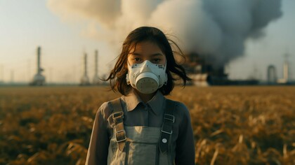 A young girl wears a protective mask as she stands before a backdrop of industrial pollution—symbolizing the next generation bearing the burden of today's climate inaction
