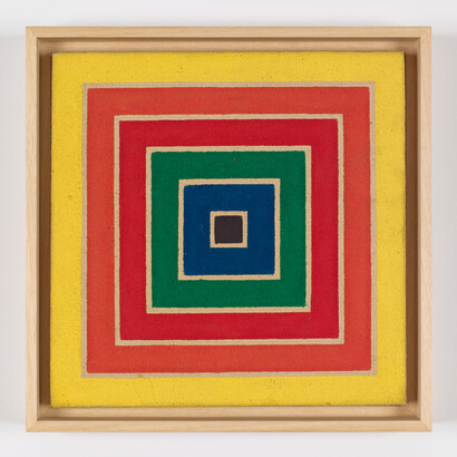 Frank Stella, Concentric Square, 1961, Acrylic on canvas 8 1/4 x 8 1/4 inches (21 x 21 cm), Fluorescent alkyd on canvas © 2014, Frank Stella / Artists Rights Society (ARS), New York. Photo Credit: Tom Powell. Courtesy Dominique Lévy Gallery, New York.