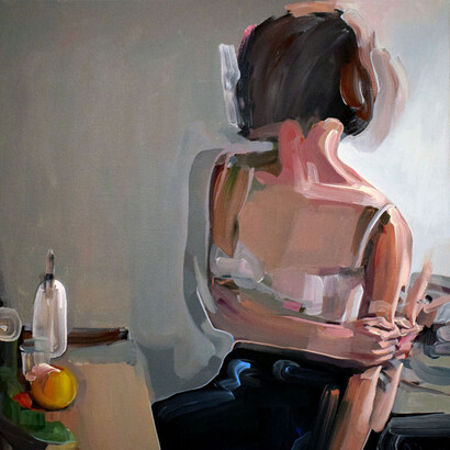 Evita Andújar. Stolen selfie 5 o Io non ci  sono. Acrilico su tela, cm 80x90, 2018