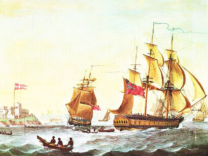 The British marine painter George Webster visited West Africa around 1800 and created this painting of slave ships at the Danish fort of Christiansborg, in present-day Ghana