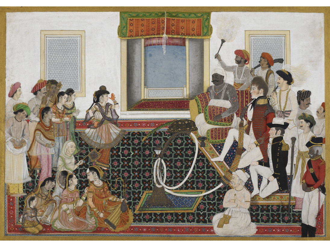Anonymous Delhi School, Mahadaji Sindhia entertaining a British naval officer and military officer with a Nautch c. 1815-20, Watercolour on paper, 222 x 317 mm, British Library
