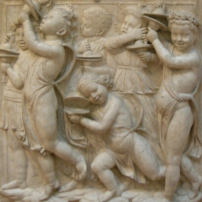 Luca della Robbia, Cantoria, 1431-38. "Laudate eum in cimbalis iubilationis"
(Lodatelo con cembali squillanti). Museo dell'Opera del Duomo, Firenze, Italia