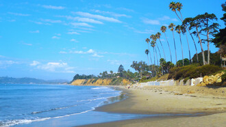The Butterfly Beach in Montecito, California, USA, offers stunning sunset views and relaxing beach walks. Celebrity sightings are common and the beach's shoreline is ideal for swimming and surfing
