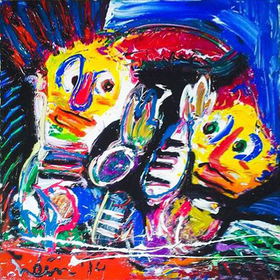 Hein van Houten, Dancing with a Broken Hero, Acrylic & Spray paint on Canvas, 39.5" x 39.5"