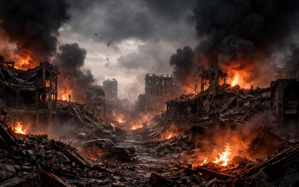 Un paesaggio urbano devastato, consumato dal fuoco e dalla distruzione, evoca il costo in termini di vite umane e le conseguenze di vasta portata della guerra moderna, in cui i conflitti rischiano di degenerare in una devastazione prolungata che va ben oltre il campo di battaglia