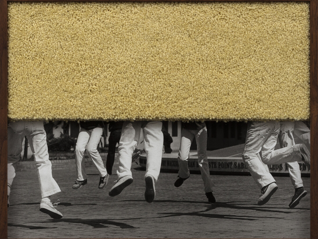 Elad Lassry, Untitled (Folk Dance), 2015. Silver gelatin print, carpet, walnut frame, 11 1/2 x 14 1/2 x 1 1/2 inches
