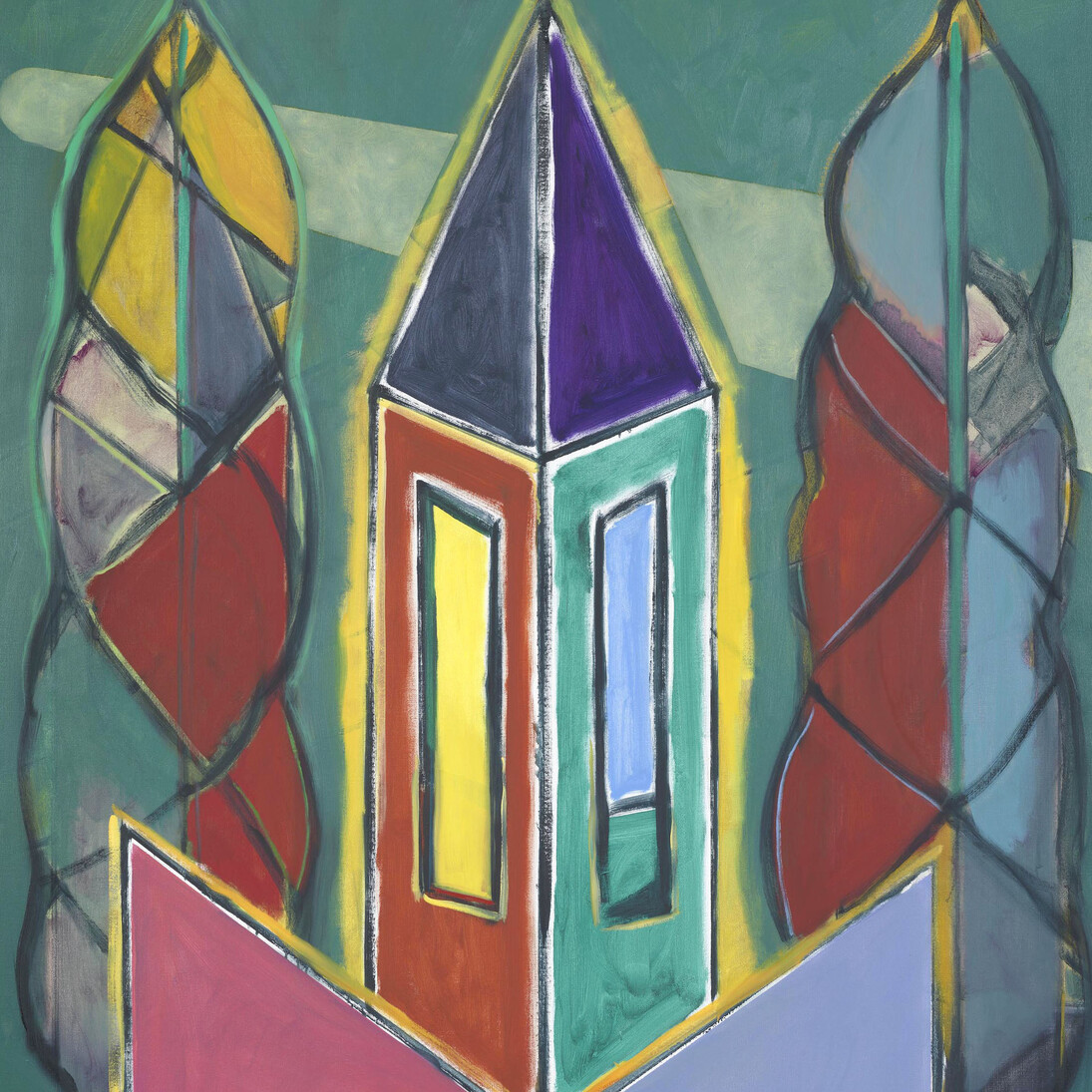Ansel Krut, Steeple, Bound Cypresses, Vapour Trail, 2014, oil on canvas, 180 x 140 cm, 70 7/8 x 55 1/8 ins,  Courtesy of Stuart Shave/Modern Art, London