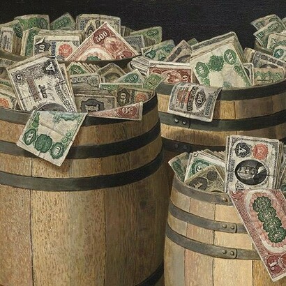 Victor Dubreuil, "Barriles de dinero", óleo sobre lienzo, circa 1890