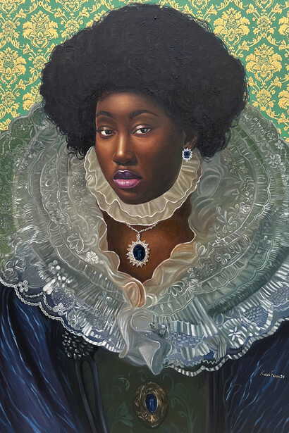 Kelani Fatai, Anike (The Cherished One) (detail), 2024. Oil and acrylic on canvas, 40 x 30 inches. Courtesy of the artist and Allouche Gallery