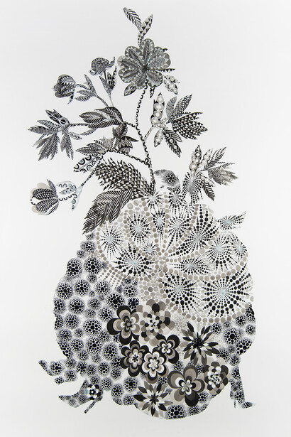 Firelei Báez
Happens elsewhere, without us, and all the same fully resounds here within us, 2015
Gouache and ink on paper
86 x 55 inches (218.44 x 139.7 cm)