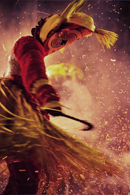 A male game character inspired by Pottan Theyyam, the vibrant and lively ritual performance from Kerala, would embody the dynamic and powerful qualities of this ancient tradition, India