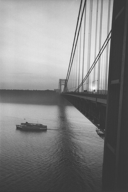 Ann Treer, Untitled (George Washington Bridge & Ferry), 1966, vintage silver print, 14x9.5 inches, © The Estate of Ann Treer. Courtesy Robert Mann Gallery