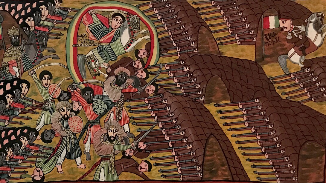 Dipinto che ritrae una scena della Battaglia di Adua combattuta il 1° marzo 1896. Galerie Ferrero, Nice, Francia. La guerra coloniale italiana in Etiopia (1895–1896) fu il primo grande tentativo del Regno d’Italia di espandere il proprio dominio in Africa Orientale