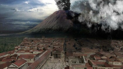 Recreación de la erupción del Vesubio sobre Pompeya
