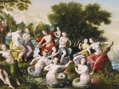 Maerten de Vos (1532–1603) "Las Nueve Musas con Apolo recortando las alas de una Sirena"
Óleo sobre tabla, Colección privada, EE. UU.