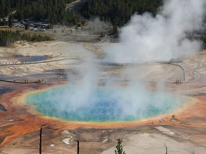 The fuming Grand Prismatic Spring, a mezmerizing, iconic sight of Yellowstone National Park, USA