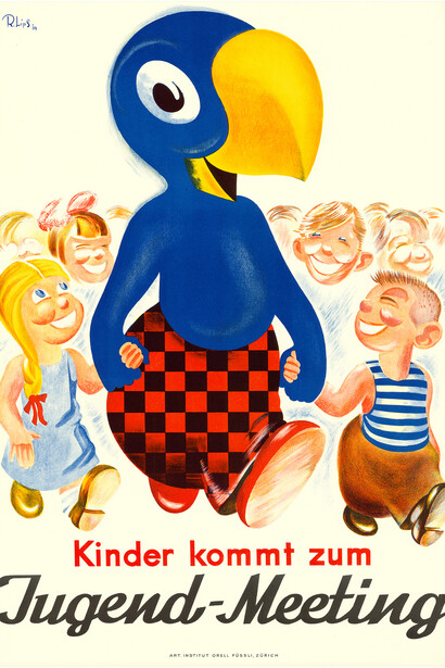Globi appeared in 1932 as a publicity figure on the 25th anniversary of the Globus department store.Robert Lips, poster for youth meeting 1934. Colour lithograph. Swiss National Museum.
