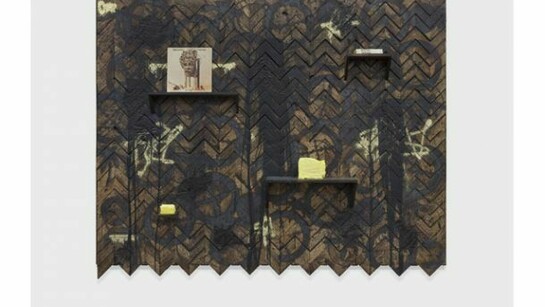 Rashid Johnson, Senior Soul, 2013, Branded red oak flooring, black soap, wax, shea butter, books, vinyl, spray enamel, 198.1 x 246.4 x 30.5 cm / 78 x 97 x 12 in, © Rashid Johnson, Courtesy the artist and Hauser & Wirth, Photo: Martin Parsekian