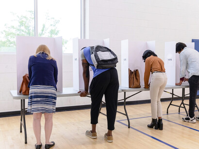 A rear view of diverse voters casting their ballots in private voting booths