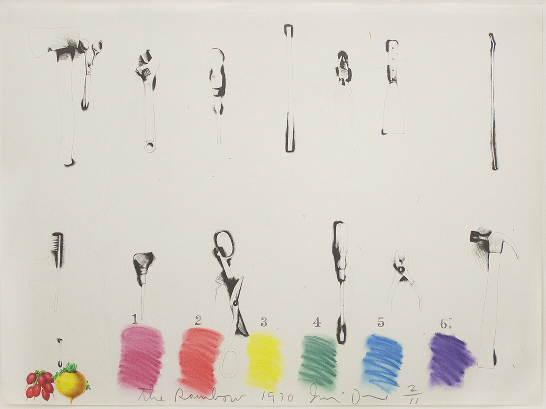 Jim Dine (American, b. 1935), Tools - The Rainbow (with Turnip & Radish), 1970, offset lithograph with collage and hand coloring in pastel, 40 x 55 1/4 inches, 101.6 x 140.3cm, Edition of 11