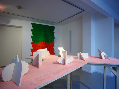 Installation view of Marine Duroselle, 'Preview of Shades' (2014) at Marsden Woo Project Space, focus on 'Cut-out' series, photo © Philip Sayer, courtesy of Marsden Woo Gallery, London