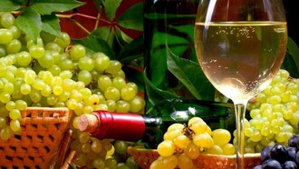 Variedades de uva ante una copa de vino blanco