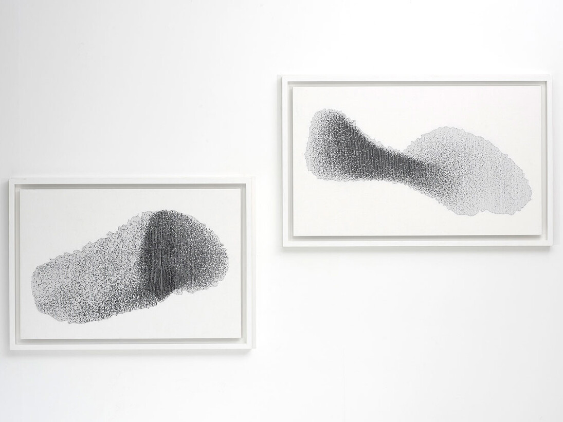 Kirstie Macleod, Murmur I & II, 2015, Embroidery with matt black thread on cotton, Murmur I image: 98 x 63cm, framed: 81 x155 cm. Murmur II image: 92 x 55cm, framed: 100 x 163 cm