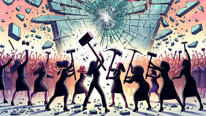 Women shattering the glass ceiling of patriarchy in an AI-generated image, symbolizing the fight against gender inequality