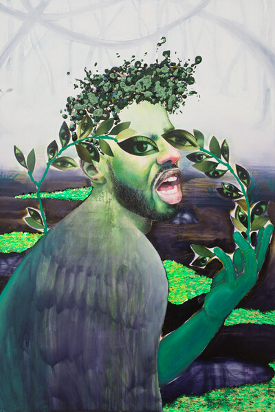 Devan Shimoyama, Daphne , 2015
Oil, collage, glitter, color pencil, sequins on canvas
36 x 46 x 2.25in.