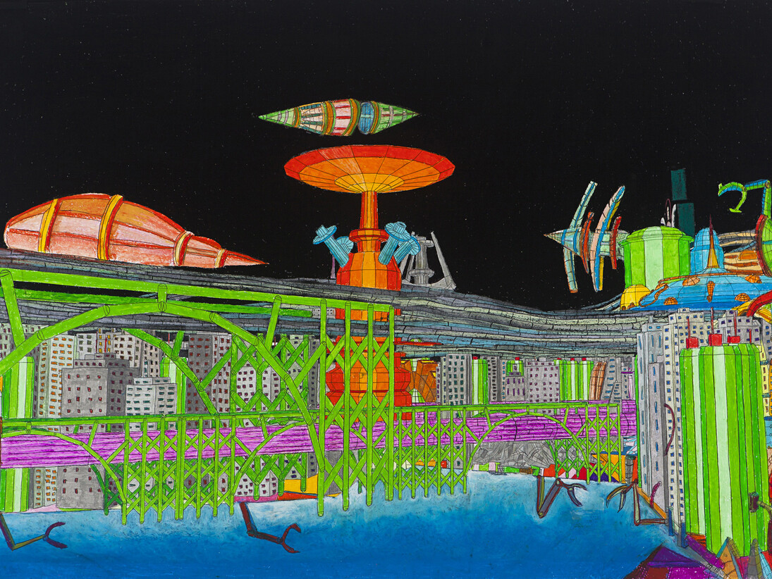 Marco Bolognesi, Propaganda Sendai: Alpha Centauri, 2014, photocollage, pastello ad olio, 107 x 154 cm