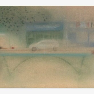 Rasmus Eckhardt, Chinatown Ping Pong, 2024, soft pastel on wood, 27.5 x 43 in. Courtesy of the artist and Shrine Gallery