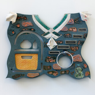 Sacha Ingber, Morning Routine, 2019. Glazed earthenware, vinyl, hydrocal, pigment, urethane, towel ring. 66 x 86.5 x 2.5 cm. Unique. Photographer: Jonathan Bassett. Courtesy the artist and Vitrine 