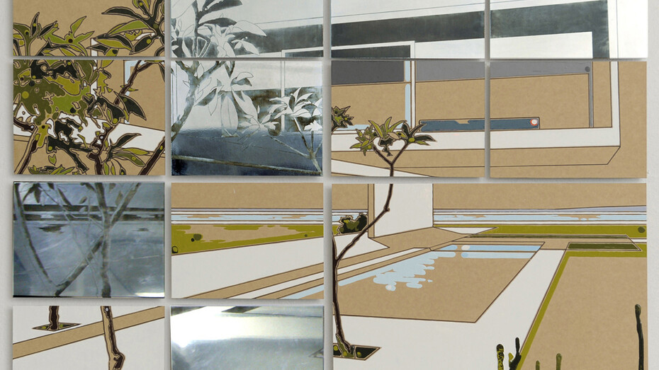 Guido Bagini, Technogreen 001, 2014 enamel on cardboard and zinc polished on dibond, 74 x 100 cm