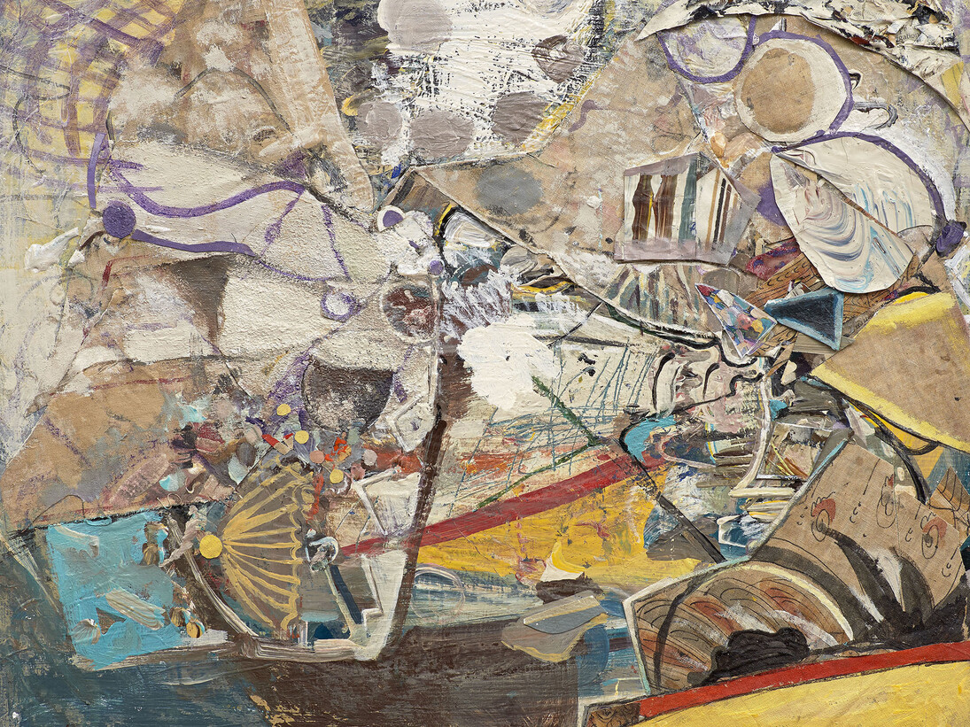Katy Moran, Rock Face with a Face, 2013, Collage and acrylic on canvas, 38 x 46 cm / 15 x 18 1/8 in, Collection of Carole Server and Oliver Frankel