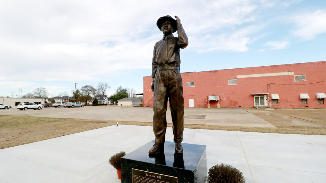 A statue of Emmett Till that was unveiled on October 21, 2022, in Greenwood, Mississippi, USA 