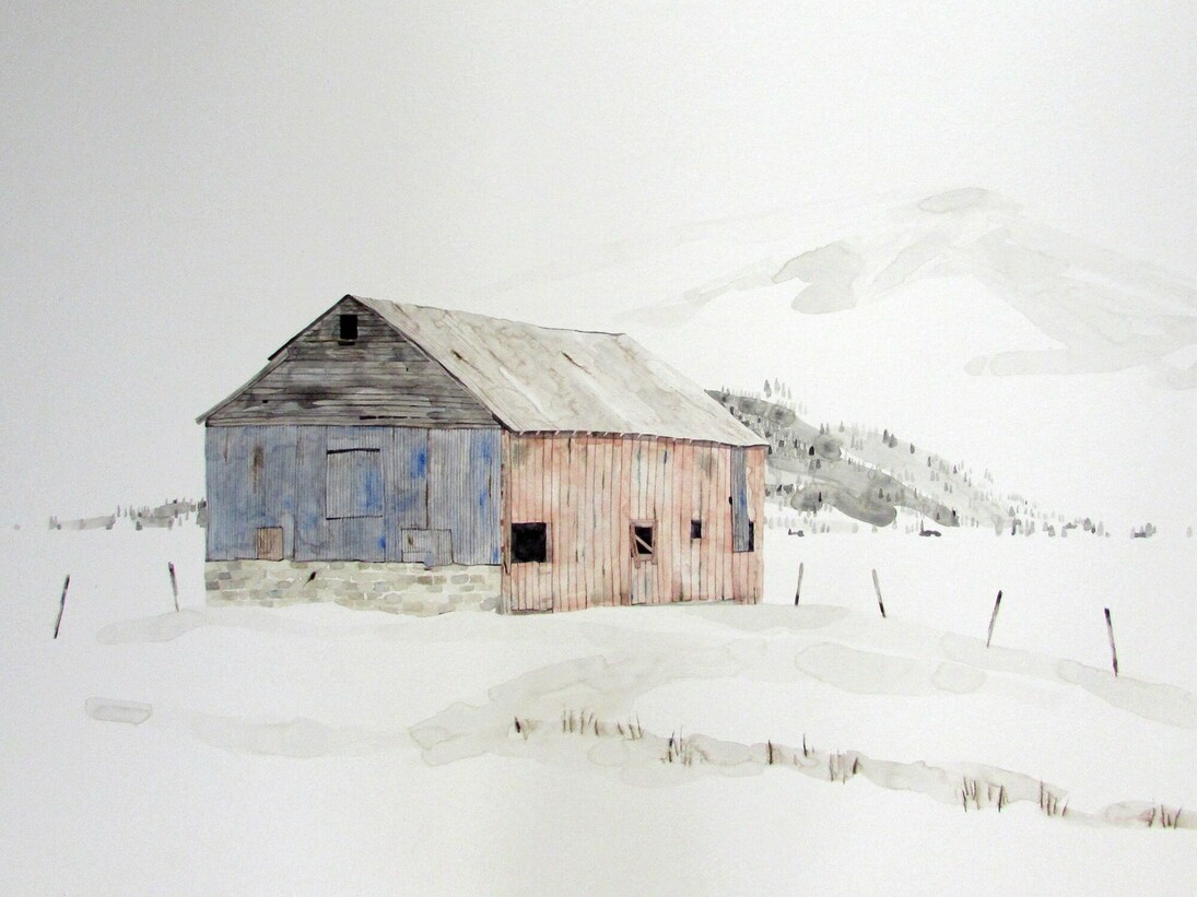 Kate Evans, ‘Farm in the Foothills’, Watercolour and mixed media on board, 85x115cm. Courtesy of Will’s Art Warehouse